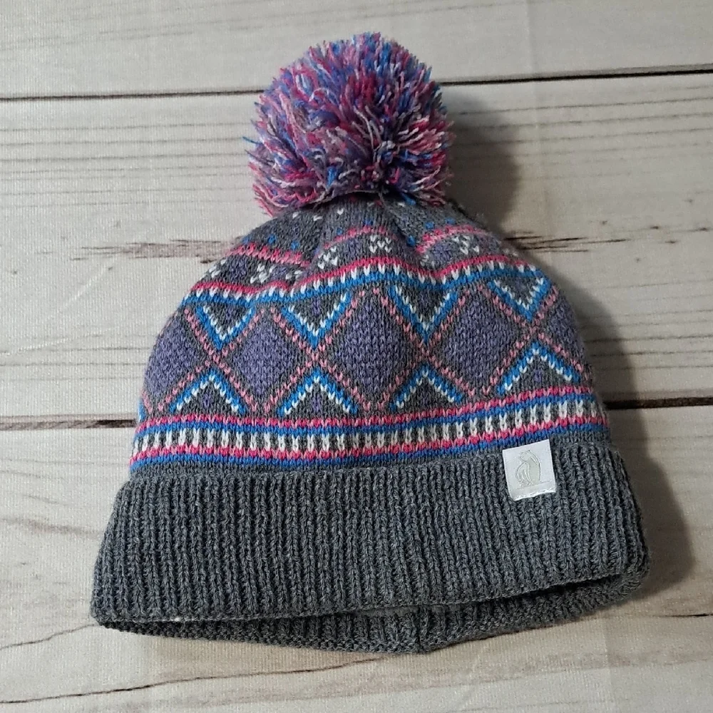 Rugged Bear Gray and Pink Kids Pom-Pom Beanie